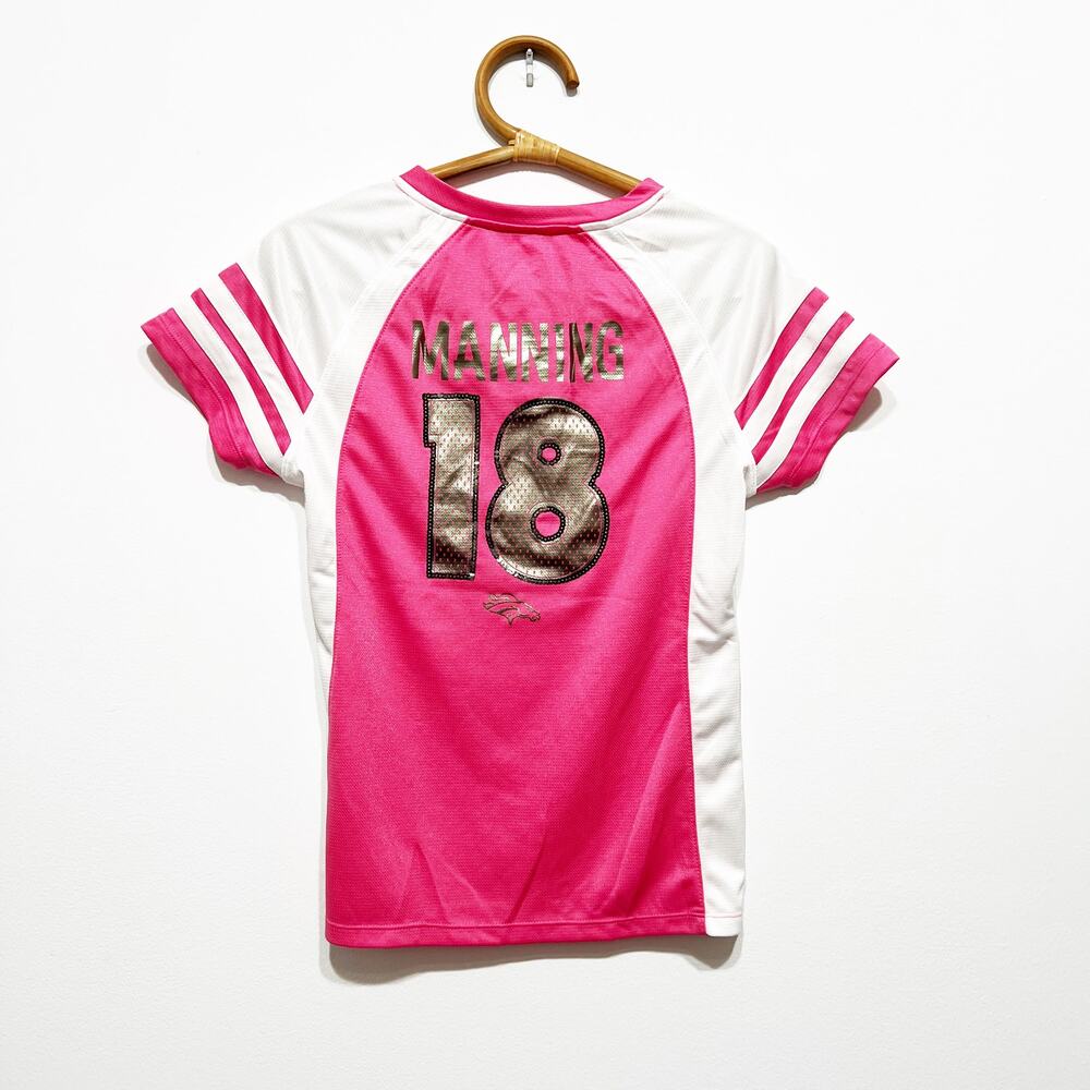 Broncos #18 Manning women's sequin pink and white women's jersey shirt Size S - Picture 3 of 3